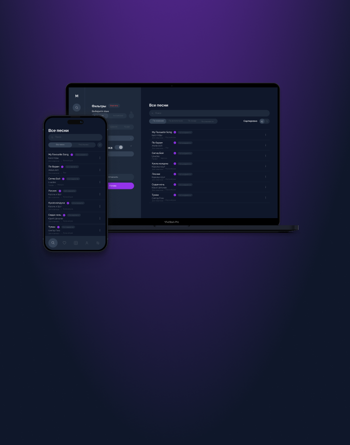 музыкальное приложение muscloud с демонстрацией песен под гитару на телефоне и компьютере